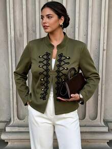 Autumn/Winter Solid Color Frog Button Stand Collar Long Sleeve Cropped Slim Fit Military Style Jacket, Plus Size Commuter Vintage Coat, Autumn Fashion - Army Green - View 4