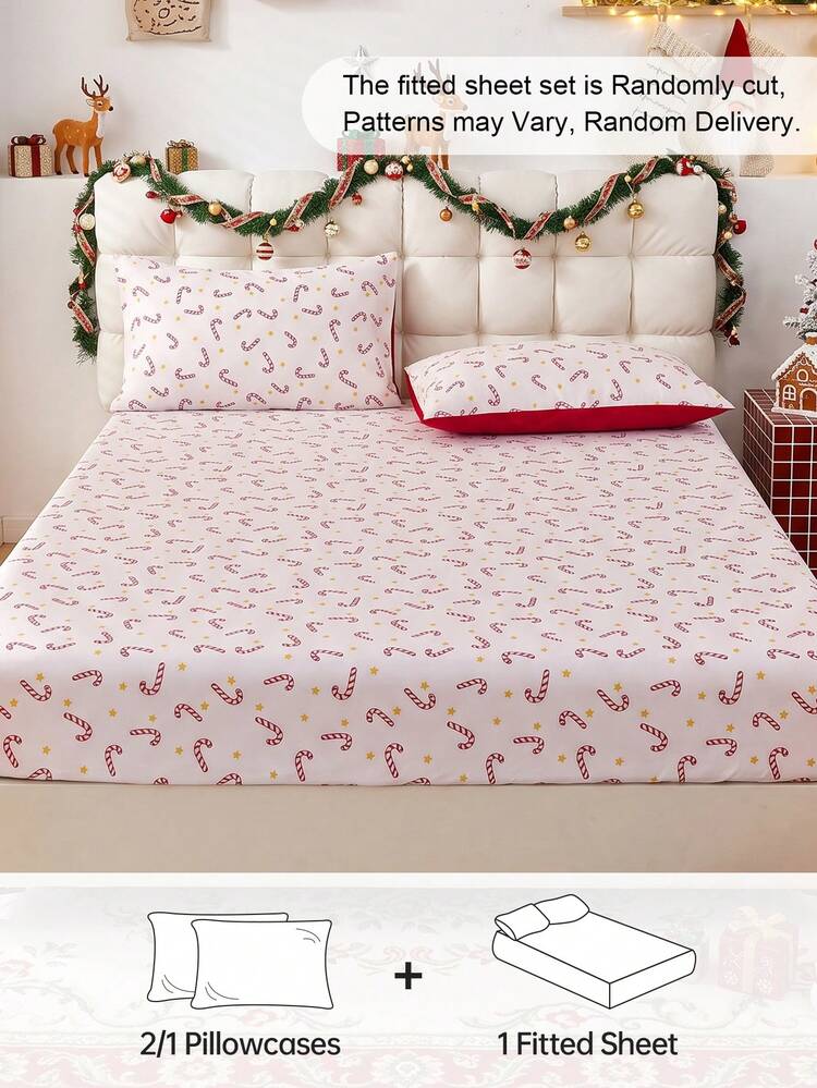 2/3 Piece Candy Cane Print Bed Sheet Set, Mattress Protector, Mattress Cover, Fits All Bed Sizes - Twin, Full, Queen, King, Fits 9-12 Inch Deep Mattresses, Machine Washable, Suitable For Home Bedding And Student Dorms - Multicolor - View 2