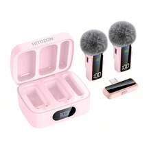 HITOZON Wireless Lavalier Lapel Microphone, 2 Mics With Charging Case, Noise Cancelling, LED Battery Indicator, Plug And Play Mic Compatible With IPhone, Android For Content Creators, Live Streaming & Video Recording - Pink - View 1