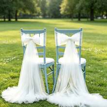 12pcs Wedding Chair Back Decor Ribbons, 20*275cm Rectangular Tulle Chair Sashes, DIY Bow Chair Back Decor Ribbons, Reusable And Washable, Suitable For Wedding, Anniversary, Banquet Party Decoration - White - View 1