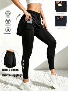 2-In-1 Shorts Outer Jogging Pants, Layered Print With Pockets Sports Pants, Suitable For Running, Cycling And Fitness, Black - Black - View 1