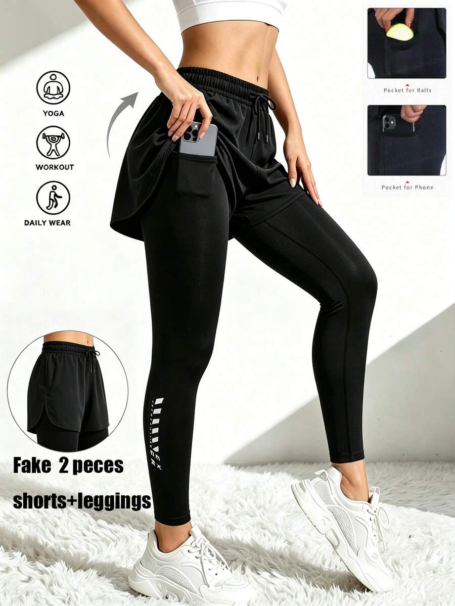 2-In-1 Shorts Outer Jogging Pants, Layered Print With Pockets Sports Pants, Suitable For Running, Cycling And Fitness, Black - Black - View 1