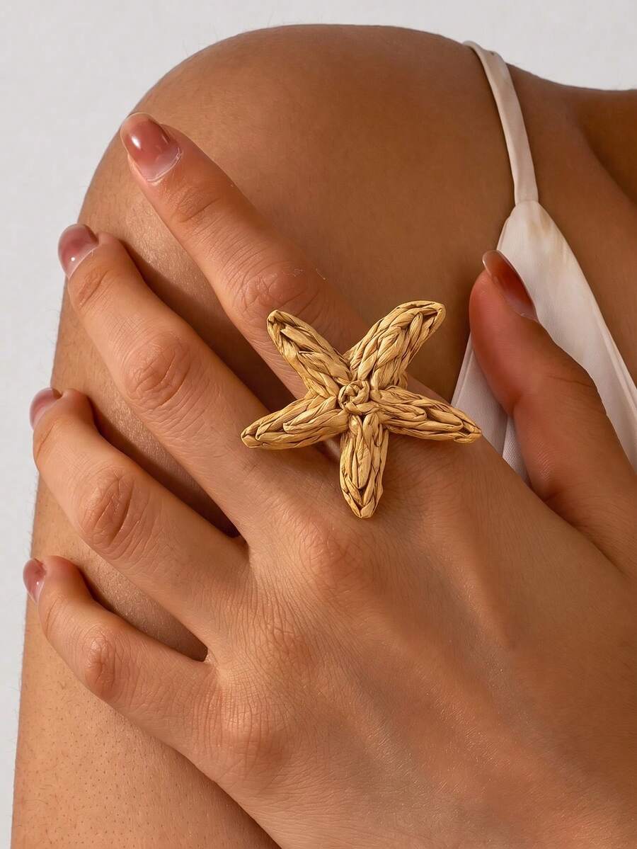 1pc Beach Vacation Style Raffia Straw Khaki Starfish Accessory, Suitable For Women's Beach Holiday And Daily Outfit Matching - Khaki - View 1