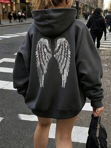 1pc Tween Girls Casual Printed Pullover Sweatshirt, Thermal Lined, Long Sleeve, Autumn/Winter - Dark Grey - View 1