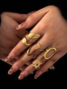 4pcs Stainless Steel Gold Fashionable Personalized Minimalist Casual Geometric Asymmetrical Line Ring Set, Suitable For Women's Daily, Holiday, Shopping, Gathering Wear - Multicolor - View 2
