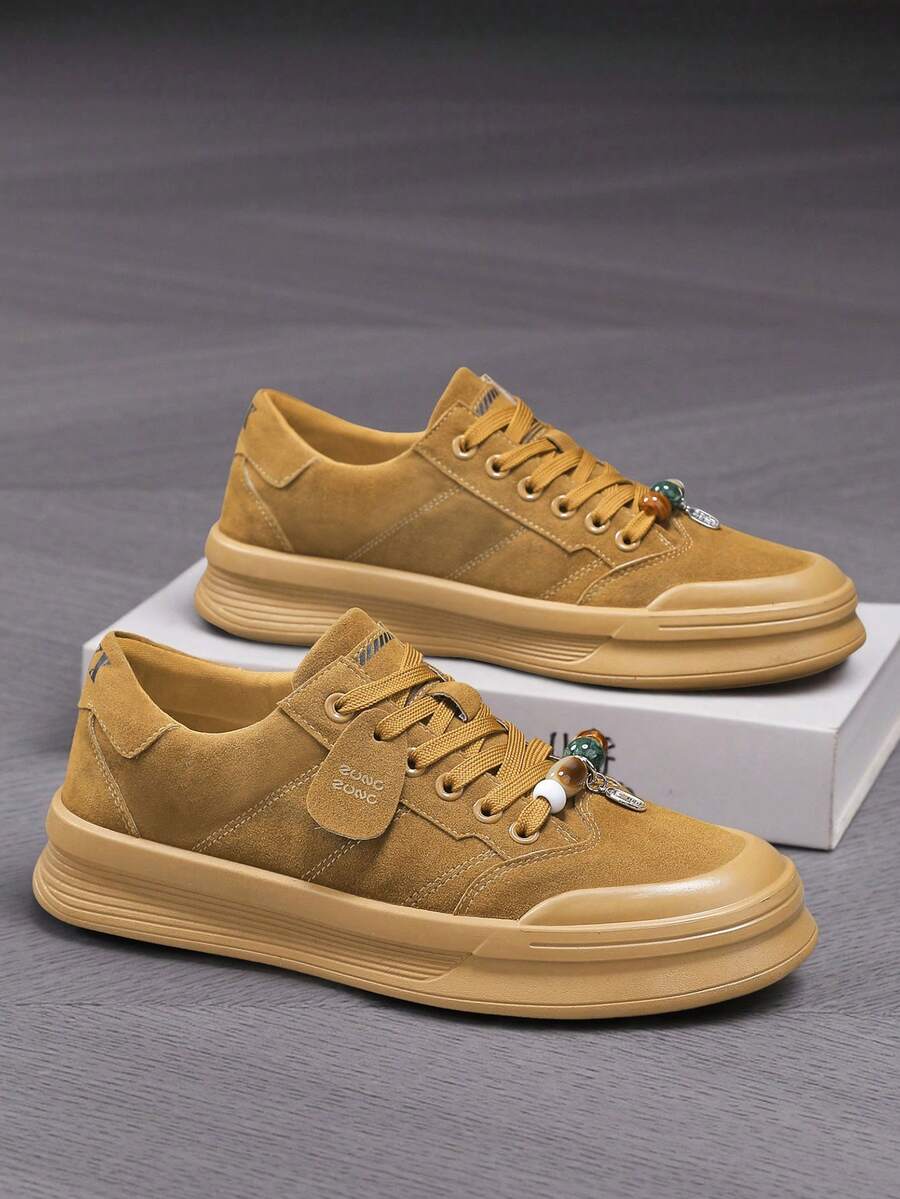 Men's Suede Sneakers, Lace-Up Non-Slip Flat Sole, Street Fashion Versatile Outdoor Training Shoes - Khaki - View 1