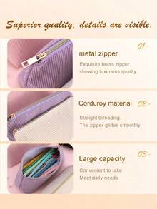 Corduroy Pencil Case, Minimalist Solid Color, Durable, Large Capacity, Essential For Students To Store Stationery. - Random Color - View 7