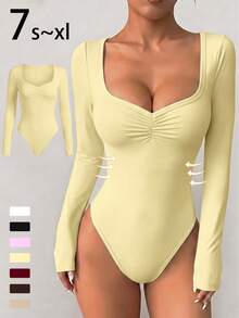 imisic Sexy V-Neck Ruffle Collar Long Sleeve Bodycon Dress For Women. The Collar Is Designed In A Deep V-Shape. This Is A Basic Form-Fitting Style, Suitable For Outdoor Wear, And Also Has A Slimming Effect. This Is A Tight-Fitting V-Neck Long Sleeve Dress, Suitable For Sports, Home Use And Daily Activities. - Yellow - View 2