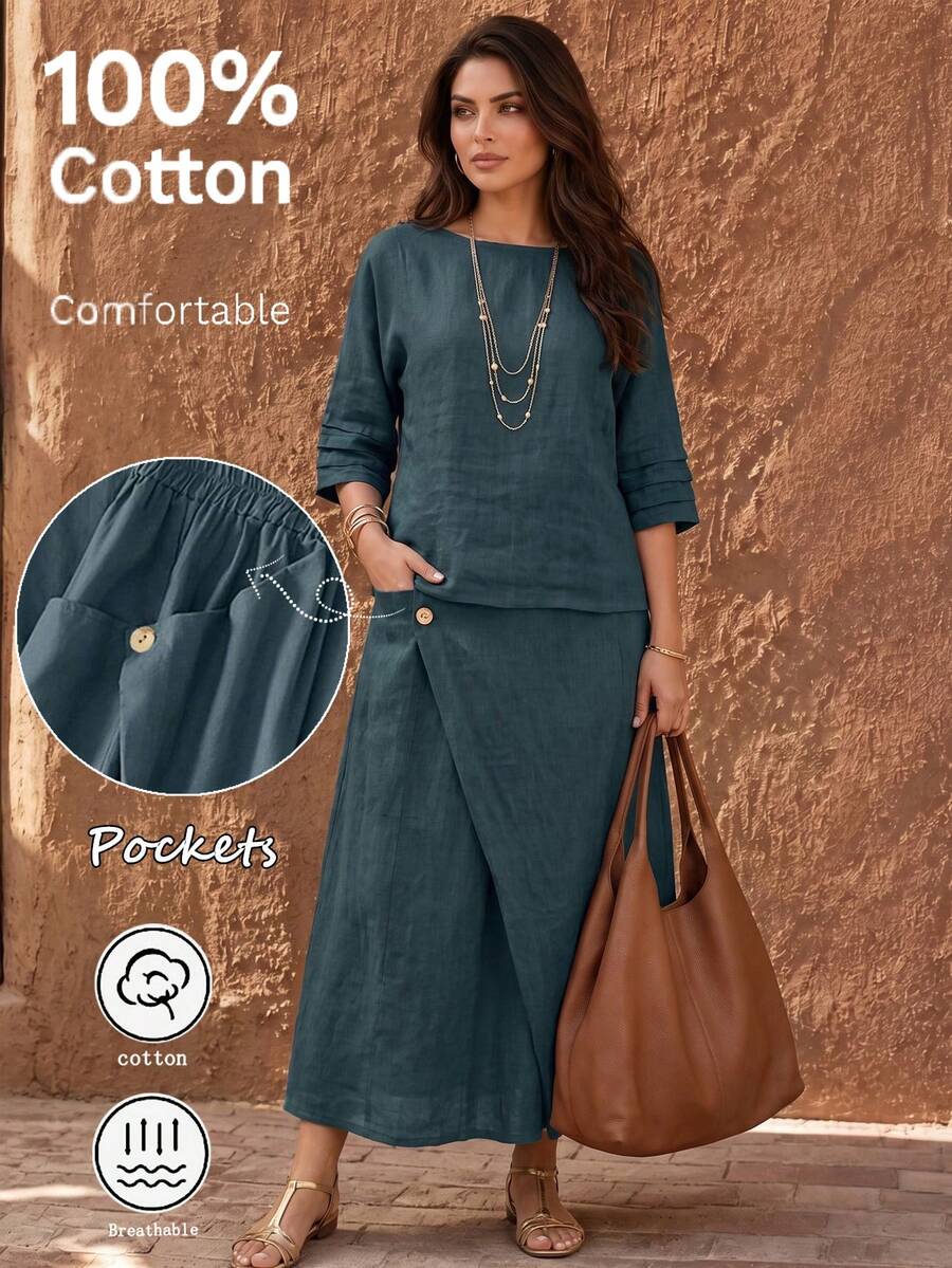 Spring/Summer Solid Color Casual Multi-Layer Ruffle Cuff Top And Asymmetrical Button Design Pocket Skirt Two Pieces Set, Vintage All-Match Elegant - Teal Blue - View 1