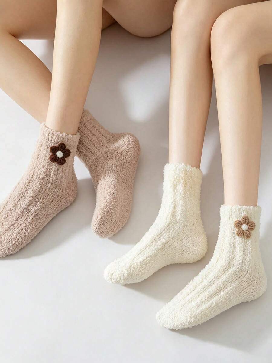 1/3 Pairs Women Warm Fuzzy Crew Socks, Cute 3D Flower Decor Cozy Fluffy Plush Socks, Soft Winter Home Sleeping Slipper Socks - Multicolor - View 1