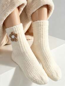 1/3 Pairs Women Warm Fuzzy Crew Socks, Cute 3D Flower Decor Cozy Fluffy Plush Socks, Soft Winter Home Sleeping Slipper Socks - Multicolor - View 9