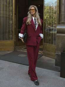 Women's Elegant Burgundy Suit Set With Lining, Collar And Blazer Sleeves, Contrast Trim, Non-Stretch Fabric, Professional Style - Ankara Red - View 9