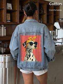 Classic Women's Denim Jacket For All Seasons, Cute Dog Pattern, White Ink Direct-To-Garment Print, Loose-Fit Versatile Casual Top - Light Denim Blue 3 - View 1