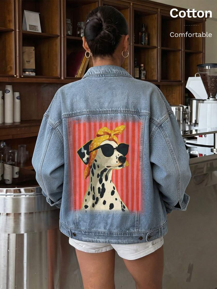 Classic Women's Denim Jacket For All Seasons, Cute Dog Pattern, White Ink Direct-To-Garment Print, Loose-Fit Versatile Casual Top - Light Denim Blue 3 - View 1