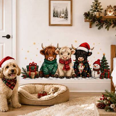 Cute Christmas Highland Cow Wall Sticker, 3 Stacked Highland Cows Wearing Christmas Hats, Snowman, Gifts And Snowflakes, Holiday Wall And Door Decal