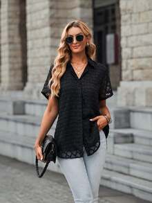 Acelitt Women Casual Solid Color Mesh Patchwork Lapel Single-Breasted Shirt, Summer Black - Black - View 1