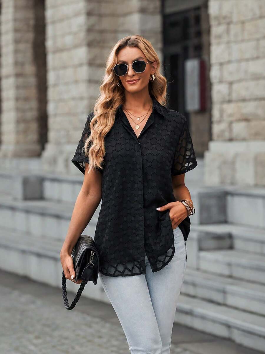 Acelitt Women Casual Solid Color Mesh Patchwork Lapel Single-Breasted Shirt, Summer Black - Black - View 1