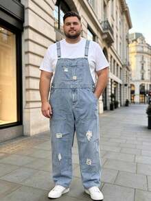 Men's Denim Dungarees Light Wash Distressed Plus Size Overalls - Navy Blue - View 1