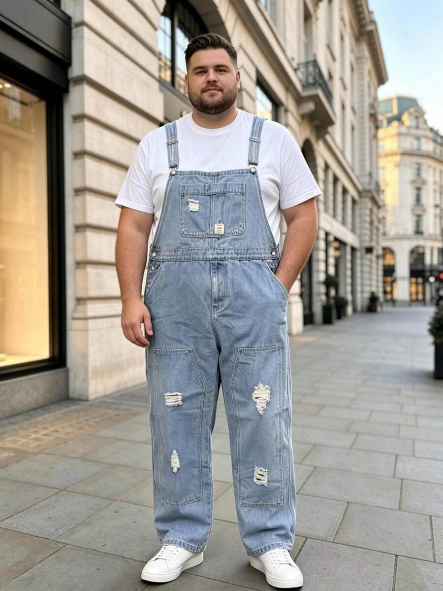 Men's Denim Dungarees Light Wash Distressed Plus Size Overalls - Navy Blue - View 1