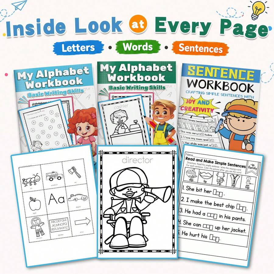 ABC Alphabet, Picture Words & Simple Sentence Practice Notebooks, A-Z Letter Recognition, Word Tracing, Handwriting, Occupation Vocabulary, Phonics, Reading, Spelling & Sentence Building, English Learning Games For Home, Classroom & Back To School - ABC Letters, Words & Sentences - View 1