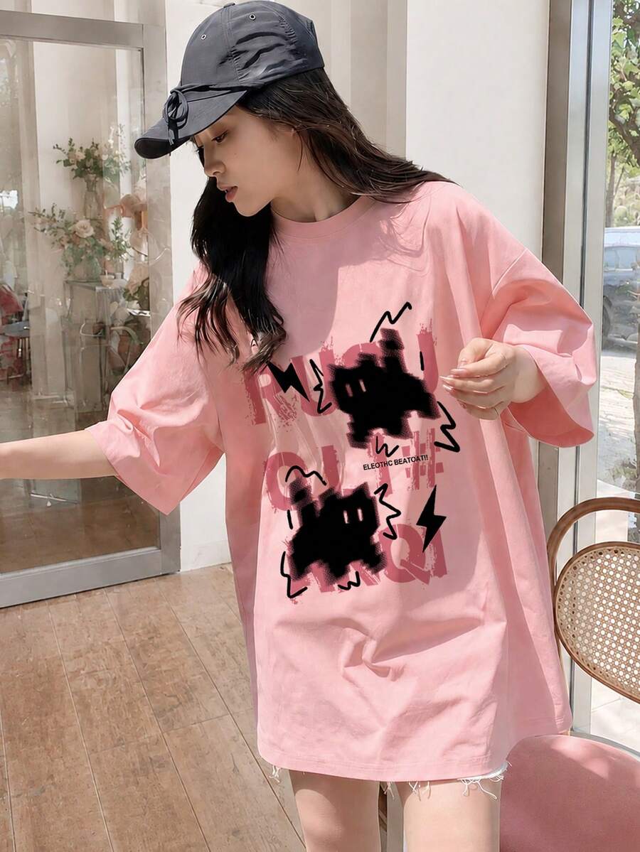 日系女款寬鬆休閒圓領字母與卡通貓咪印花短袖T恤,春夏百搭,粉色 - 粉色 - 查看 1