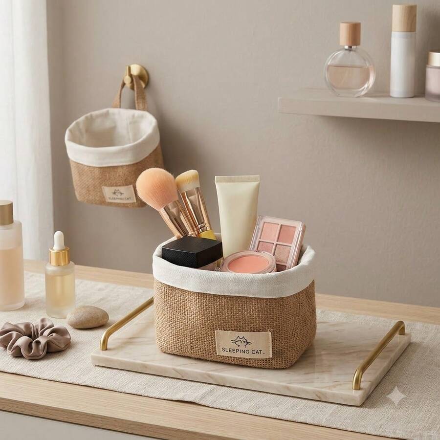 1 Set Jute Foldable Storage Basket, Multi-Functional Desktop Organizer For Cosmetics, Stationery, Home Office, Dorm Decor, Bedroom, Living Room, Perfect Gift, Portable Space-Saving Container For Organization