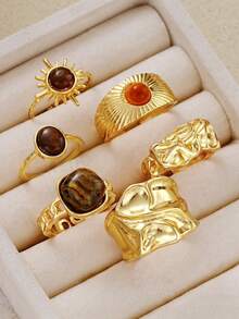 6pcs Fashion Elegant Open Ring Set With Fashion Glasses, Cat Eye And Geometric Pattern, Casual Vintage Old Money Style For Men - Yellow Gold - View 2