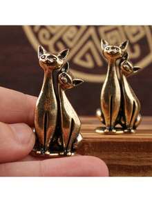 Couple Cat Small Decorative Figurine, Home Office Desktop Ornament, Brass Sculpture, Christmas Gift, Garden Decor - A - View 1