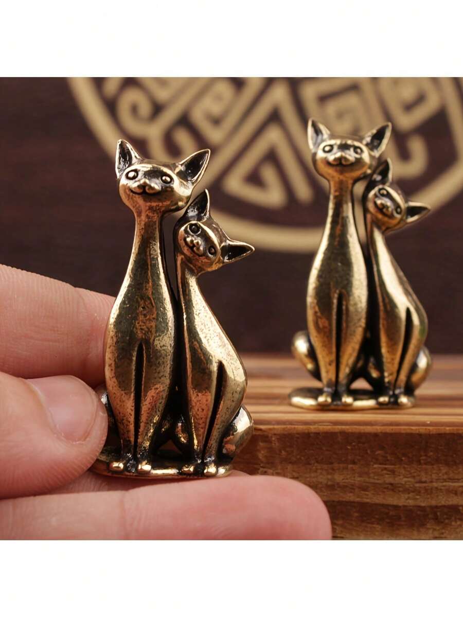 Couple Cat Small Decorative Figurine, Home Office Desktop Ornament, Brass Sculpture, Christmas Gift, Garden Decor - A - View 1