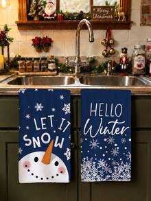 MEMNUN 2 Pcs Deep Blue Snowflake Winter Cartoon Snowman Printed Pattern Kitchen Towels Dish Cloths, Ultra-Fine Microfiber Polyester Material, Let It Snow Hello Winter Winter English Slogan Holiday Decorative Hand Towels Christmas Home Fabric Hanging Towels, Home Decor, Kitchen Decor, Christmas Decor, Suitable For Restaurant Kitchen, Holiday Decoration And Gift Giving, 40*60cm/45*70cm - Multicolor - View 8