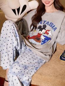 Gongdie 2 Potong Set Piyama Disney Wanita, Pakaian Santai Katun Lembut Abu-abu Musim Semi dan Gugur dengan Saku - Grey - View 4