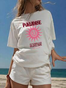 女士Y2K风格宽松T恤，轻盈舒适圆领，印有“Paradise The Sun Came Up In Soleil”粉色太阳图案，INS流行复古街头风，适合上学、野餐、音乐节和日常休闲穿着，白色 - 白色 - 查看 6