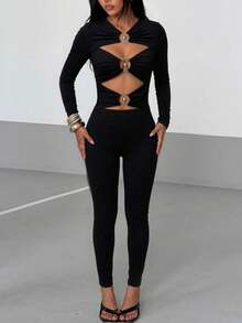 AiTyi Designer Metal Buckle Hollow Long Sleeve Fitted Jumpsuit, High Elasticity Slim Fit, Back To School Autumn Party Y2K Style - Black - View 8