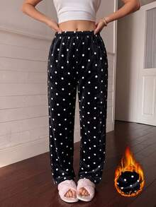 1pc Women's Mini Polka Dot Print Soft Comfortable Flannel Thermal Lined Pajama Pants, Autumn/Winter - Black - View 1