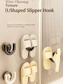 Vintage Wood Grain Base U-Shaped Suction Cup Slippers Rack, Rotatable & Removable Wall-Mounted Hook, Floating Drainage Storage For Slippers, Bathroom Corner Wall Storage Rack - Multicolor - View 8