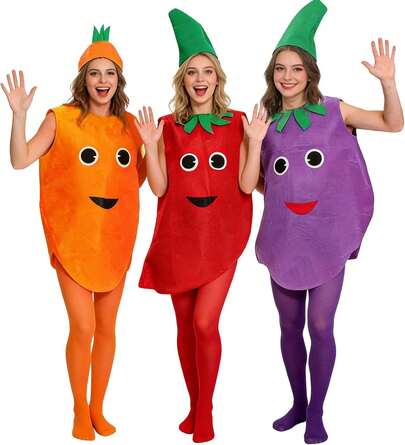 Conjunto de disfraces divertidos de frutas y verduras para fiestas, atuendos de disfraz con plátano, fresa, zanahoria, pimiento, berenjena para Halloween, cosplay y sesión de fotos
