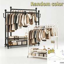 Double‑Rod Metal Garment Rack With Wheels, Thickened Clothes Drying Rack, Freestanding Movable Clothes Hanger Stand, With Double‑Tier Bottom Storage Shelves & Side Hooks, Bonus Hangers Included, For Bedroom Entryway Household Clothes Storage - Multicolor - View 14
