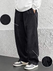 1pc Men's Corduroy Drawstring Waist Wide Leg Casual Sports Pants, Suitable For Outdoor Activities - Black - View 2