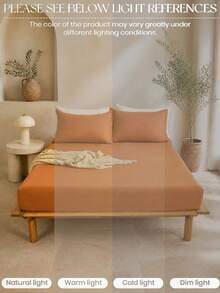 3-Piece Solid Mustard Yellow Bedding Set, Brushed Fabric, Includes 1 Fitted Sheet And 2 Pillowcases (Pillow Inserts Not Included), Modern Soft Bedding Set, Suitable For Home, Dorm, Back To School Season, Deep Pocket Design, Fits Up To 16-Inch Mattress - Ginger - View 7