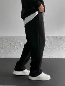 Men's Printed Loose Black Three-Stripe Straight Leg Seasonal Sweatpants RF0556 - Black - View 3