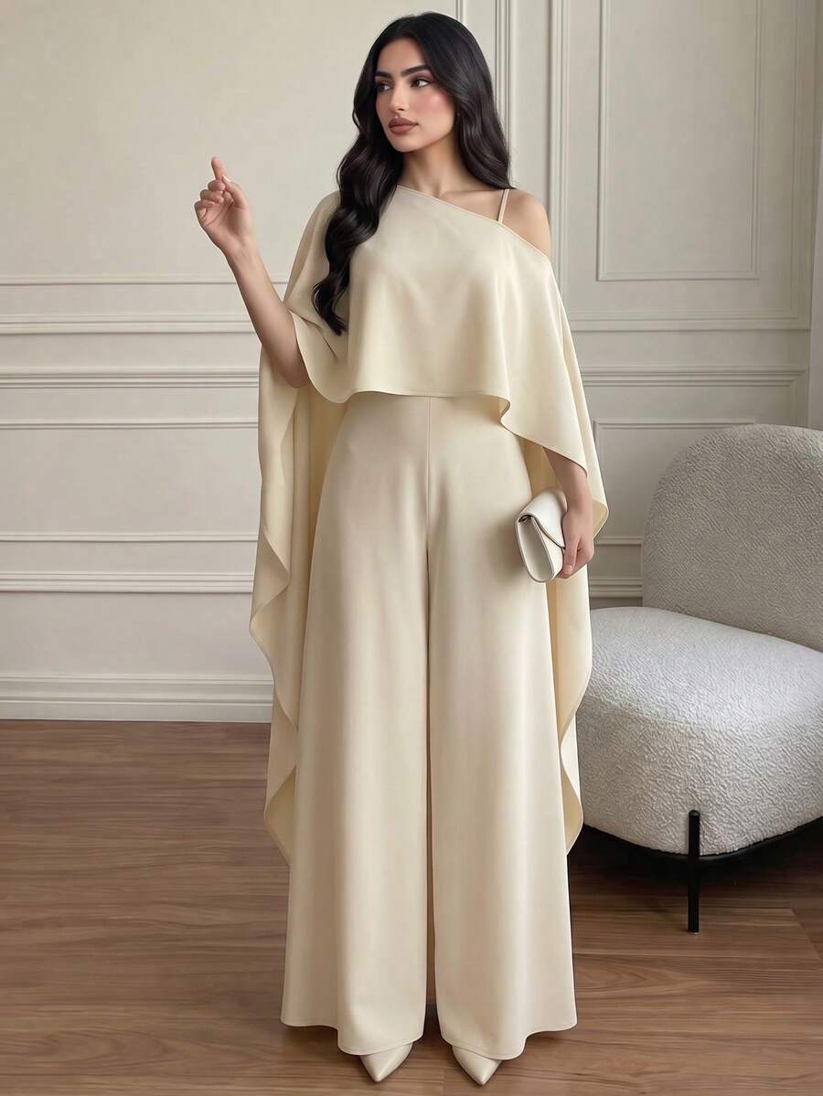 Women's Spring Beige Cape Sleeve Oblique Shoulder Spaghetti Strap Wide Leg Jumpsuit, Elegant For Evening Party, Wedding Guest, Formal Occasion - American Apricot - View 1