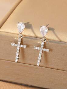 1pc Women's / Cross Earrings Vintage Classic Full Zirconia Inlaid Minimalist Exquisite Gentle Elegant Suitable For Birthday Party, Gathering, Christmas, Thanksgiving, Easter - Multicolor - View 5