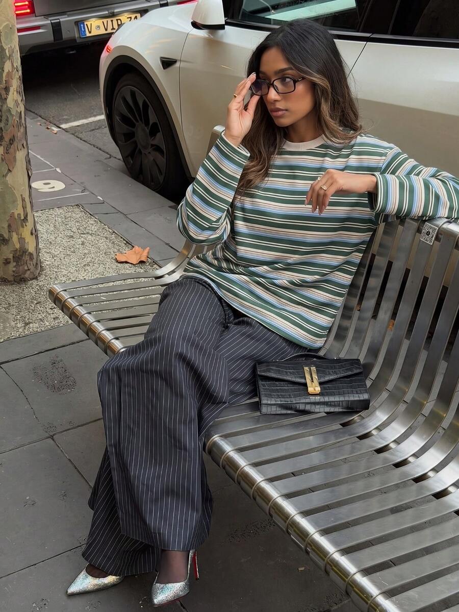 HoloChill Women's Young Influencer Casual Style, Women's Vintage Striped Knit Long Sleeve Round Neck Ribbed Loose Regular Fit Casual T-Shirt Pullover Fall Casual 2026 New Arrival, Fall Tops Women's Autumn/Winter Outfit Women's Elegant Outing Blouse Back To School Season Halloween Fall/Winter Luxury Christmas - Multicolor - View 1