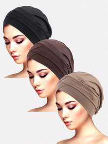 3pcs Women's Double Crossed Stretchy Beanie Hats, Base Layer Hat Scarf Headgear, Suitable For Daily Use Sleep Bonnet,Holiday,Festival - Multicolor - View 22