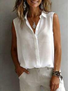 Women's Fashionable Sleeveless Collared Shirt, Versatile Loose Casual Commute Camisole Top, Semi-Sheer Solid Color With Front Button Closure, Everyday Wear - White - View 5