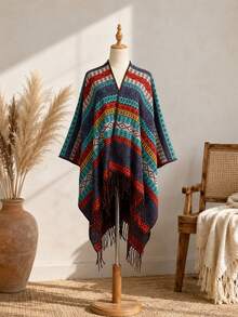 1pc Women's Jacquard Tassel Cape Shawl, Vintage Exotic Style Outerwear For Travel, Vacation And Photo Atmosphere - Multi-color Patchwork - View 3