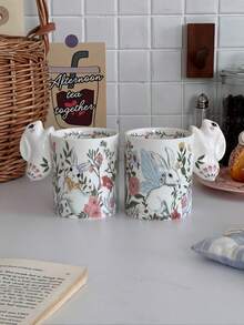 Flower Rabbit, Rabbit Ear Handle Cup, Fun Cup, Cute Rabbit Ear Handle, Suitable For Daily Office Use, Such As Coffee, Juice Or Milk, Applicable For Home, Office Or Restaurant, Holiday Back To School Season Gift, Exquisite Souvenir Gift - Multicolor - View 4