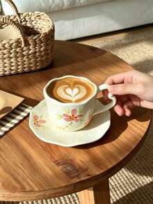 280ml Ceramic Cup And Saucer Set, Coffee Cup, Tea Cup And Water Cup With Embossed Floral Pattern; Back To School Season Ceramic Floral Milk Cup And Afternoon Tea Cup; Dessert Plate; Gift Wrapped Coffee Cup And Saucer Set - Multicolor - View 7