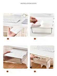 1pc Under Desk Hidden Drawer, No Drilling Adhesive Transparent Storage Box, Student Desk Stationery Pen Slot, Office Supplies Organizer - White - View 8