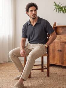 glestore Men's Retro-Style "Old Money" Collared Ribbed Polo Shirt, Perfect For Vacations, Commuting, And Everyday Wear - Grey - View 4